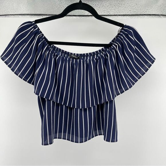 Forever 21 Women’s Navy Blue Striped Off The Shoulder Flowy Crop Top Small - Picture 2 of 12